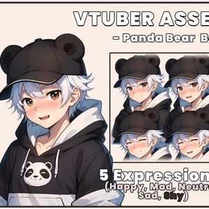 May include: A digital illustration of a white-haired boy with a black and white panda bear on his hoodie. He is wearing a black baseball cap with bear ears. The image includes five different expressions of the boy: happy, mad, neutral, sad, and shy.