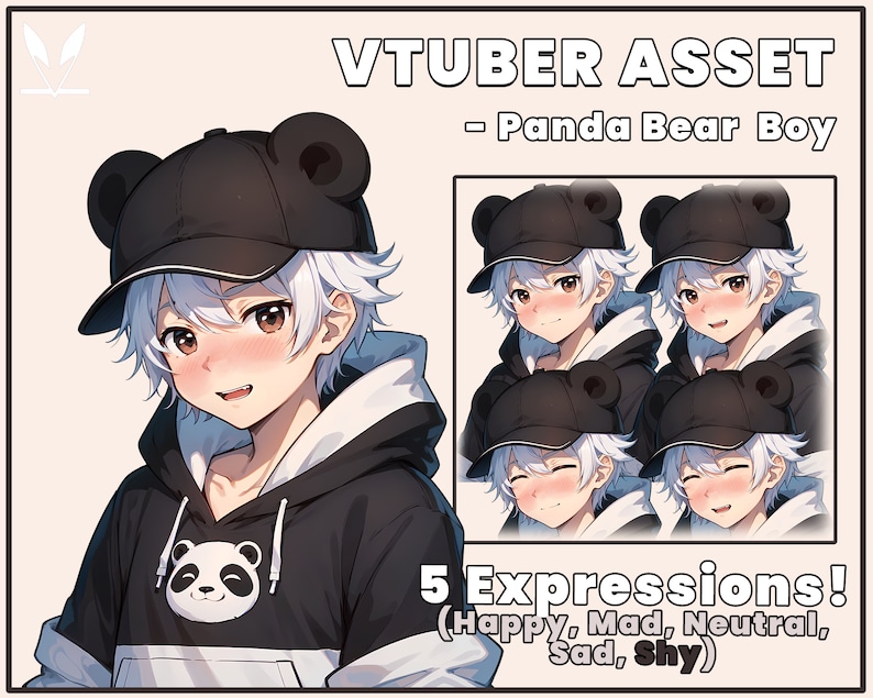 May include: A digital illustration of a white-haired boy with a black and white panda bear on his hoodie. He is wearing a black baseball cap with bear ears. The image includes five different expressions of the boy: happy, mad, neutral, sad, and shy.