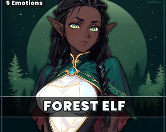 May include: A digital illustration of a dark-skinned forest elf with long black braids, wearing a white and green outfit with a gold necklace and a blue gem pendant. The background is a dark green forest with a full moon.