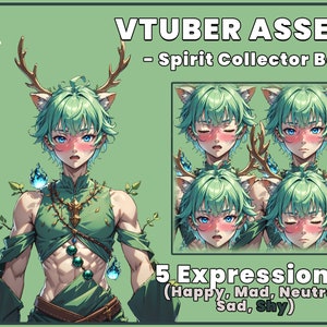 Op de afbeelding: Een digitale illustratie van een anime-personage met groen haar, hertengewei en kattenoren. Het personage heeft vijf verschillende gezichtsuitdrukkingen: blij, boos, neutraal, verdrietig en verlegen. De tekst "VTUBER ASSET - Spirit Collector Boy" en "5 Expressions! (Happy, Mad, Neutral, Sad, Shy)" is ook in de afbeelding opgenomen.