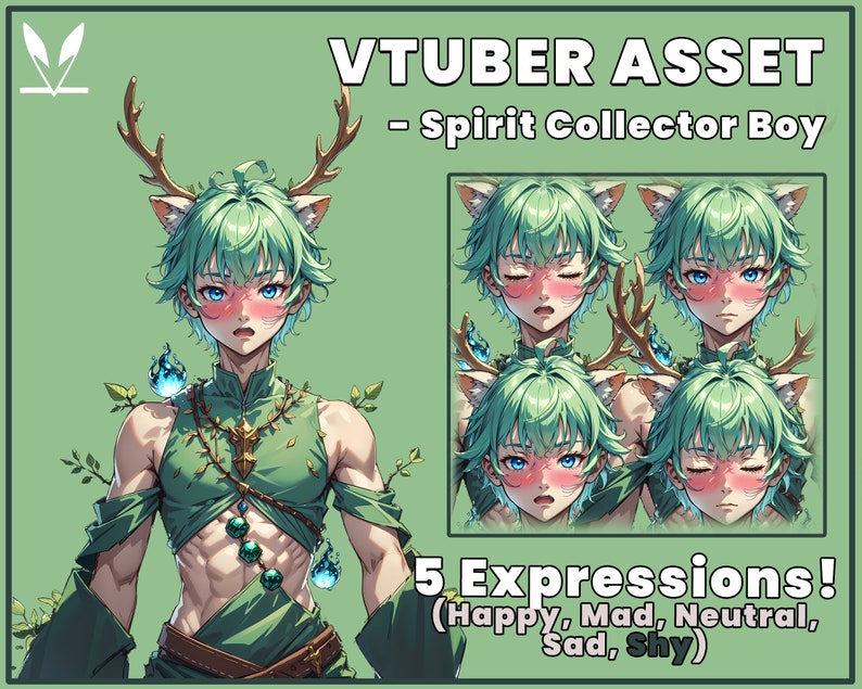 Op de afbeelding: Een digitale illustratie van een anime-personage met groen haar, hertengewei en kattenoren. Het personage heeft vijf verschillende gezichtsuitdrukkingen: blij, boos, neutraal, verdrietig en verlegen. De tekst "VTUBER ASSET - Spirit Collector Boy" en "5 Expressions! (Happy, Mad, Neutral, Sad, Shy)" is ook in de afbeelding opgenomen.