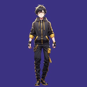 May include: An anime-style character with black hair and yellow eyes wearing a black hoodie with gold accents, black pants with gold side stripes, fingerless gloves, and black boots with gold details, accompanied by a small purple-haired mascot.