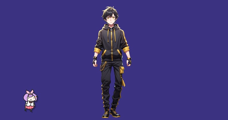 May include: An anime-style character with black hair and yellow eyes wearing a black hoodie with gold accents, black pants with gold side stripes, fingerless gloves, and black boots with gold details, accompanied by a small purple-haired mascot.