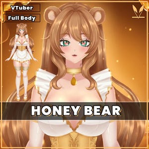 May include: Digital illustration of a female anime character with bear ears and long brown hair. She wears a white and gold outfit with a choker and pendant. The text "HONEY BEAR" is displayed across the bottom.