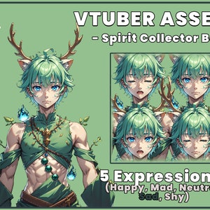 Op de afbeelding: Digitale illustratie van een anime-personage met groen haar, hertengewei en een groene outfit. Het personage heeft vijf verschillende gezichtsuitdrukkingen: blij, boos, neutraal, verdrietig en verlegen. VTUBER ASSET - Spirit Collector Boy. 5 Expressies! (Blij, Boos, Neutraal, Verdrietig, Verlegen)
