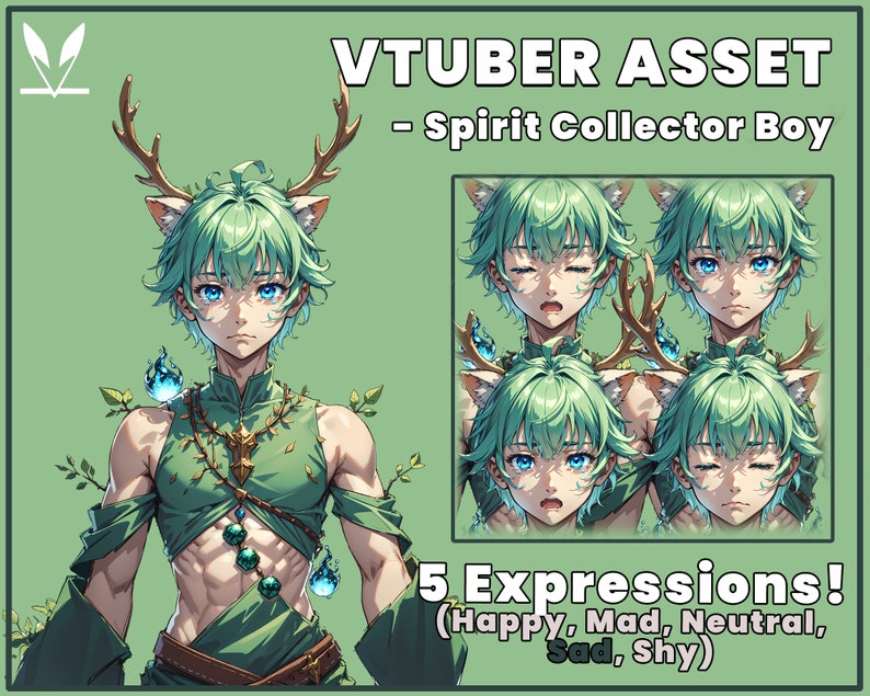 Op de afbeelding: Digitale illustratie van een anime-personage met groen haar, hertengewei en een groene outfit. Het personage heeft vijf verschillende gezichtsuitdrukkingen: blij, boos, neutraal, verdrietig en verlegen. VTUBER ASSET - Spirit Collector Boy. 5 Expressies! (Blij, Boos, Neutraal, Verdrietig, Verlegen)