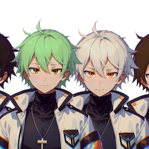 May include: Four anime-style characters with distinct hair colors&mdash;black, light green, white, and brown&mdash;and matching eye colors. Each wears a black high-neck shirt under a white jacket with black and orange accents, plus a silver cross necklace.