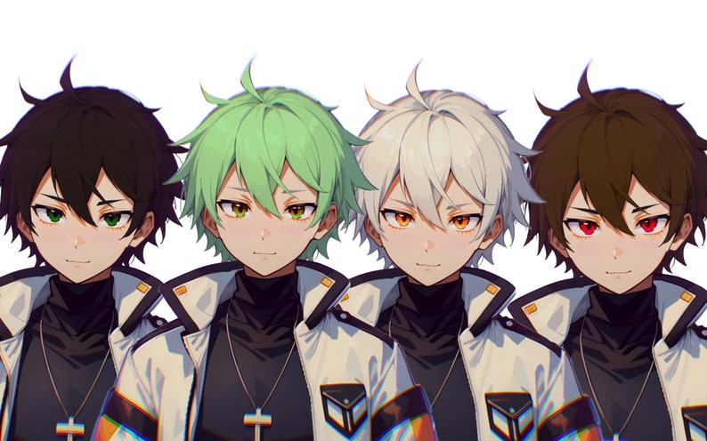 May include: Four anime-style characters with distinct hair colors&mdash;black, light green, white, and brown&mdash;and matching eye colors. Each wears a black high-neck shirt under a white jacket with black and orange accents, plus a silver cross necklace.