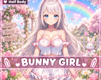 VTuber - ピンクと白のハーフボディのVTuber動物女性Live2Dモデルとして、カスタマイズ可能な色でVTuberスタジオ向けのかわいいバニーガール