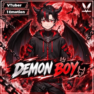 Puede incluir: Una ilustración digital de un personaje con cabello negro, reflejos rojos y cuernos, vistiendo una sudadera negra y roja. El texto dice VTuber, 1 Emotion y DEMON BOY. El fondo presenta una luna roja, alas oscuras y cadenas metálicas.