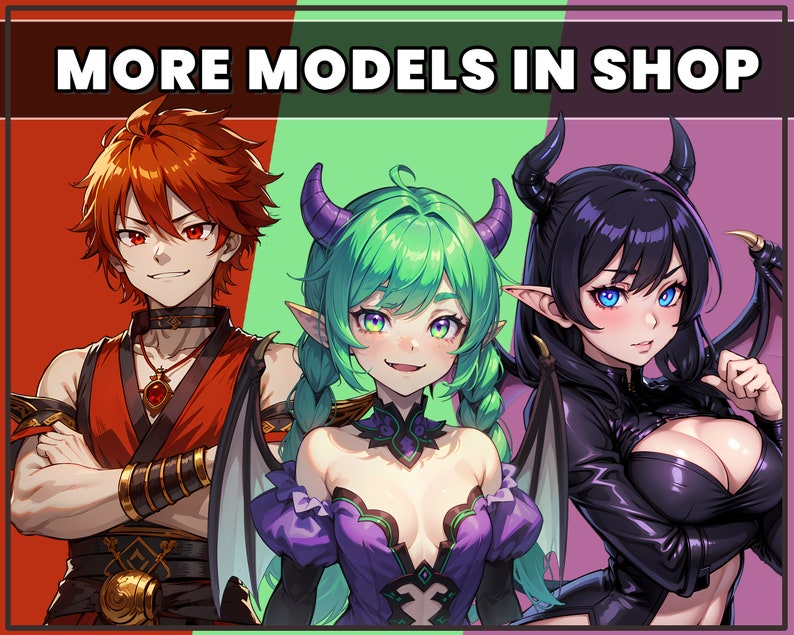 Op de afbeelding: Drie anime-stijl personages tegen een driekleurige achtergrond met de tekst MORE MODELS IN SHOP. Het linker personage heeft rood haar en een rode outfit. Het middelste personage heeft groen haar en hoorns. Het rechter personage heeft zwart haar, hoorns en vleugels.