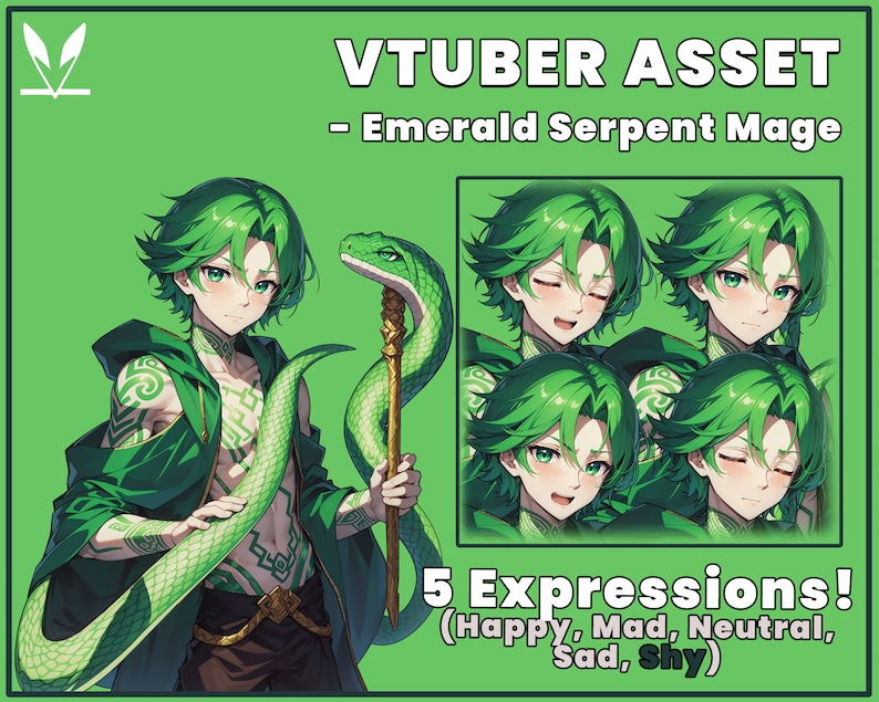 K&ouml;nnte beinhalten: Digitale Illustration eines gr&uuml;nh&auml;utigen Anime-Charakters mit gr&uuml;nen Haaren, der eine gr&uuml;ne Robe tr&auml;gt und einen Stab mit einer gr&uuml;nen Schlange h&auml;lt, die sich um ihn herumwickelt. Der Charakter hat f&uuml;nf verschiedene Gesichtsausdr&uuml;cke: gl&uuml;cklich, w&uuml;tend, neutral, traurig und sch&uuml;chtern.