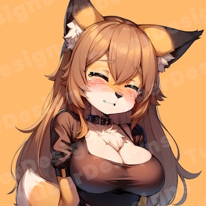 May include: A cartoon illustration of a fox girl with brown hair and orange ears. She is wearing a black top with a low neckline and a black choker. She is smiling and has a blush on her cheeks.