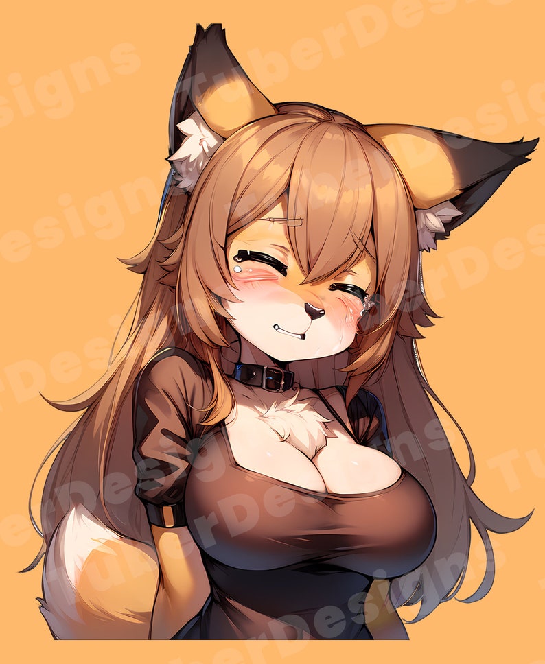 May include: A cartoon illustration of a fox girl with brown hair and orange ears. She is wearing a black top with a low neckline and a black choker. She is smiling and has a blush on her cheeks.
