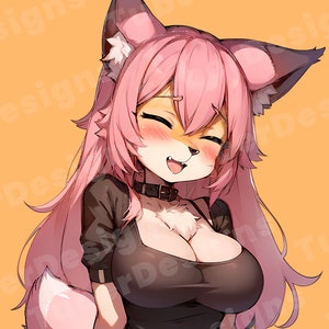 May include: A pink-haired anime character with fox ears and a black top, smiling with her tongue sticking out.