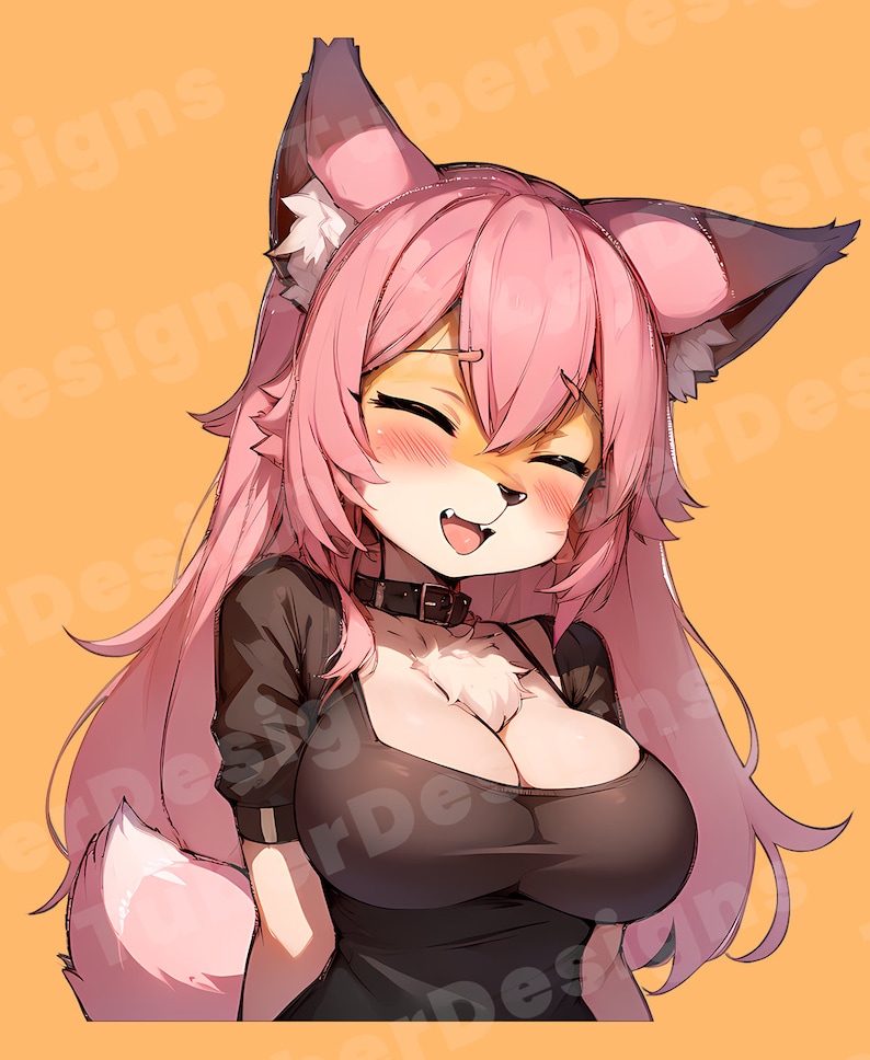 May include: A pink-haired anime character with fox ears and a black top, smiling with her tongue sticking out.