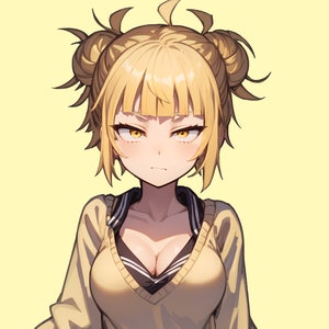 May include: A yellow-haired anime character with a serious expression, wearing a yellow sweater with a black and white collar, and her hair in two buns.