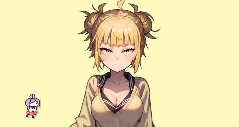 May include: A yellow-haired anime character with a serious expression, wearing a yellow sweater with a black and white collar, and her hair in two buns.