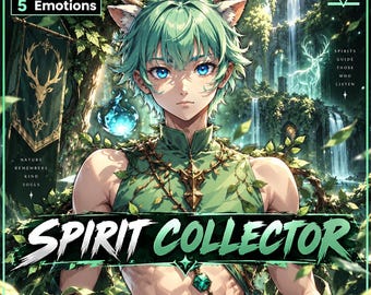 May include: A digital character illustration featuring a figure with mint green hair, deer ears, and antlers. The character wears a green leaf-patterned top with a gold pendant and green gems. Text includes PNGTuber, 5 Emotions, and SPIRIT COLLECTOR.