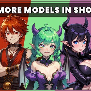 Pu&ograve; includere: Tre personaggi in stile anime con corna e ali su uno sfondo a tre colori. Il testo MORE MODELS IN SHOP &egrave; visualizzato in alto. I personaggi hanno capelli rossi, verdi e neri con abiti coordinati ed espressioni facciali ben distinte.