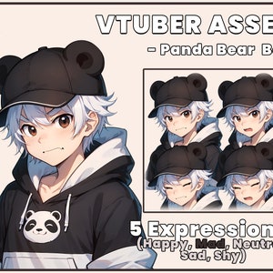 May include: A digital illustration of a cartoon boy with white hair wearing a black baseball cap with panda ears, a black hoodie with a panda graphic, and a white collar. The image includes five different expressions of the boy: happy, mad, neutral, sad, and shy.