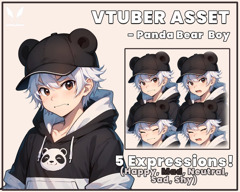 May include: A digital illustration of a cartoon boy with white hair wearing a black baseball cap with panda ears, a black hoodie with a panda graphic, and a white collar. The image includes five different expressions of the boy: happy, mad, neutral, sad, and shy.