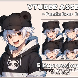 May include: A digital illustration of a cartoon boy with white hair wearing a black hoodie with a panda bear graphic, a black baseball cap with bear ears, and five different facial expressions: happy, mad, neutral, sad, and shy. The text "VTUBER ASSET - Panda Bear Boy" and "5 Expressions! (Happy, Mad, Neutral, Sad, Shy)" is also included in the image.