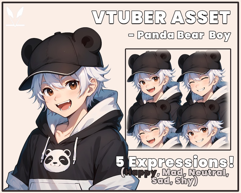 May include: A digital illustration of a cartoon boy with white hair wearing a black hoodie with a panda bear graphic, a black baseball cap with bear ears, and five different facial expressions: happy, mad, neutral, sad, and shy. The text "VTUBER ASSET - Panda Bear Boy" and "5 Expressions! (Happy, Mad, Neutral, Sad, Shy)" is also included in the image.