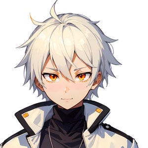 May include: An anime-style character portrait featuring a person with short, spiky white hair and bright orange eyes. The character wears a black high-neck shirt under a white jacket with black trim and small yellow square accents on the collar.