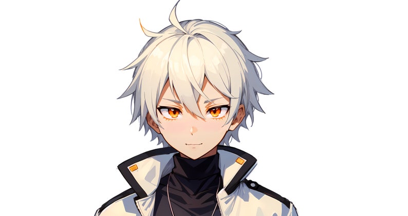 May include: An anime-style character portrait featuring a person with short, spiky white hair and bright orange eyes. The character wears a black high-neck shirt under a white jacket with black trim and small yellow square accents on the collar.
