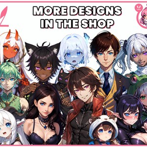 K&ouml;nnte beinhalten: Eine Gruppe von Anime-Charakteren mit verschiedenen Haarfarben, Kleidung und Accessoires. Die Charaktere sind in einem Kreis angeordnet, mit dem Text "MORE DESIGNS IN THE SHOP" oben im Bild.