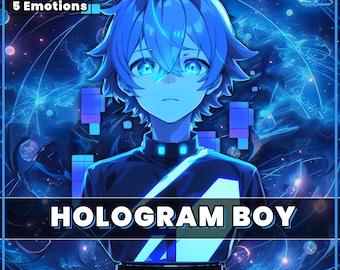 GIFTuber Hologram Boy Modo prefabricado 2D con 5 emociones para transmisión / Veadotube / Blue / PNGTuber / Glitch / male pngtuber
