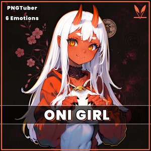 May include: A digital illustration of an anime girl with white hair and red horns. She is wearing a red hoodie and has a red and black choker. The background is black with red flowers and Japanese characters.