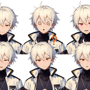 May include: A digital character sheet featuring six variations of a white-haired individual with amber eyes, wearing a black turtleneck and a white jacket with orange accents. Each headshot displays a different facial expression, including symbols like an angry vein, spiral eyes, a question mark, and a heart icon.