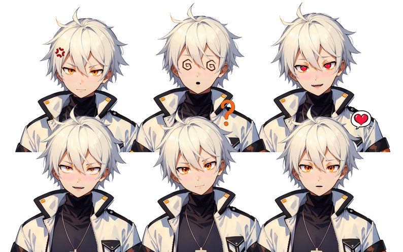 May include: A digital character sheet featuring six variations of a white-haired individual with amber eyes, wearing a black turtleneck and a white jacket with orange accents. Each headshot displays a different facial expression, including symbols like an angry vein, spiral eyes, a question mark, and a heart icon.