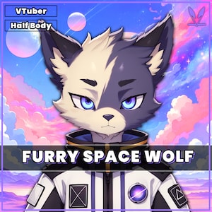 Modelo de VTuber peludo prefabricado - Furry Space Wolf para vtube studio como un genial lobo morado de medio cuerpo vtuber masculino 2d vtuber
