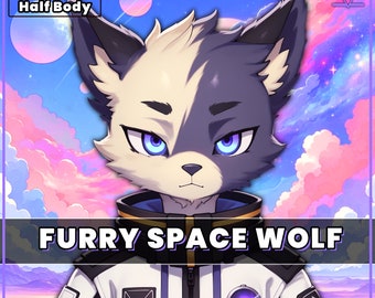 Furry premade VTuber model - Furry Space Wolf for vtube studio as a cool purple themed wolf half body vtuber male 2d vtuber