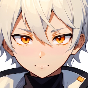 May include: An anime-style character portrait featuring short, layered white hair and striking amber-colored eyes. The character has a neutral expression, light skin tone, and is wearing a high-collared garment with black and white panels and small yellow accents.