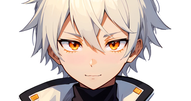 May include: An anime-style character portrait featuring short, layered white hair and striking amber-colored eyes. The character has a neutral expression, light skin tone, and is wearing a high-collared garment with black and white panels and small yellow accents.