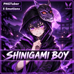 May include: A digital illustration of a character in a purple and black hooded cloak with a fox mask resting on the head. The text reads PNGTuber, 5 Emotions, and SHINIGAMI BOY. The character has purple eyes and is set against a dark purple background.