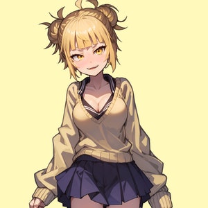 May include: A yellow-haired anime character with a mischievous smile, wearing a brown sweater and a navy blue skirt. The character has two buns in their hair and is standing against a light yellow background.