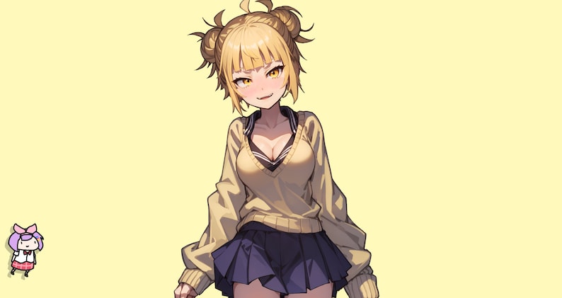 May include: A yellow-haired anime character with a mischievous smile, wearing a brown sweater and a navy blue skirt. The character has two buns in their hair and is standing against a light yellow background.