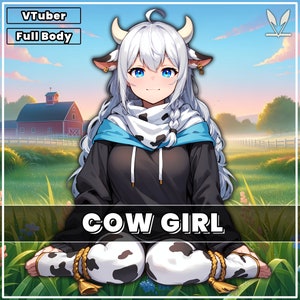 VTuber - Cow Girl for vtube studio as a cute white, blue full body vtuber animal sitting girl female live2d model