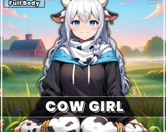 VTuber - Cow Girl for vtube studio as a cute white, blue full body vtuber animal sitting girl female live2d model