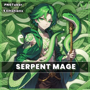 May include: A digital illustration of a green-haired male character with a snake wrapped around his body. He is wearing a green hooded robe and holding a staff with a snake on top. The background is a green and white pattern of leaves and snakes. The text "SERPENT MAGE" is at the bottom of the image.