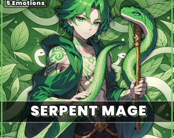 PNGTuber Emerald Serpent Mage Boy with 5 Emotions premade pngtuber male png snake model asset tuberdesigns for veadotube