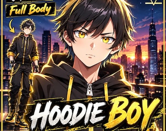 Modelo prefabricado masculino de VTuber: Hoodie Boy para Vtube Studio, un VTuber masculino 2D de cuerpo completo, personalizable y con colores.