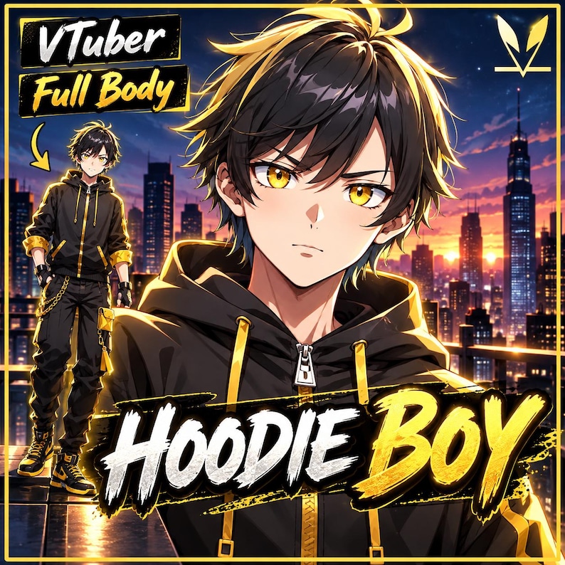 May include: An anime-style character illustration featuring a person with dark hair and yellow eyes wearing a black hoodie with yellow accents. The text reads VTuber Full Body and HOODIE BOY. The background shows a city skyline at sunset.