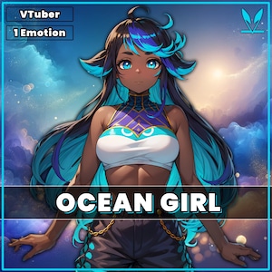 VTuber - オーシャンガール、VTuberスタジオ用、かわいい青いVTuberタンガールライブ2Dモデル