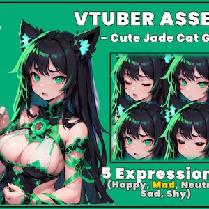 Op de afbeelding: Een digitale illustratie van een personage met kattenoren, lang zwart haar en groene highlights, gekleed in een zwart en groen kostuum. De afbeelding bevat de tekst VTUBER ASSET - Cute Jade Cat Girl en 5 Expressions! (Happy, Mad, Neutral, Sad, Shy).